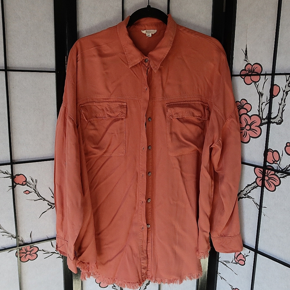 Qtt Salmon Orange Button Down Fringe Shirt Size M/L
